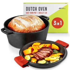 3-in-1 Dutch Oven & Skillet Combo, Preseasoned Cast Iron Cookware Set, 3.2QT ... - Picture 1 of 7