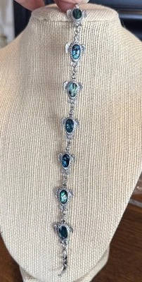 Antiga pulseira de elos de corrente folheada a prata S-80 tartaruga lMulticolor 7" concha Abalone - Imagem 1 de 4