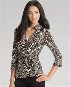 DVF Diane von Furstenberg JILL Jersey Wrap Top Vintage Tribal Diamond Neutral 0 - Bild 1 von 7