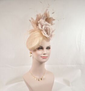 Sinamay w Jumbo Silk Flower Goose and Rooster Feather Flowers Fascinator Hat 