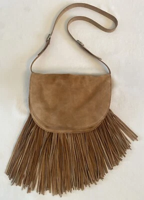 Zara Y2K Suede Fringe Crossbody Purse Bohemian Shoulder Bag Brown Tan Long Strap - Image 1 of 4
