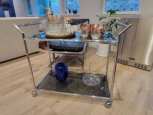 Vintage Hollywood REGENCY 1960's 70's 80's Style Faux Bamboo Chrome Bar Cart MCM - Picture 1 of 8