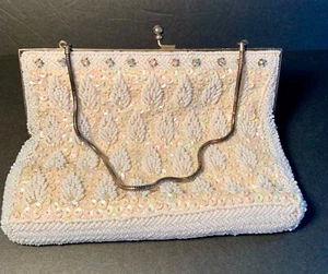 Vintage Hongkong weiß Hand Pailletten Abend Handtasche Urlaub Hochzeit - Bild 1 von 11