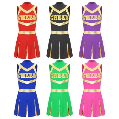 Damen Cheerleading Kostüm Leistung Cheer Squad Uniform Mock Neck Briefdruck - Bild 1 von 4