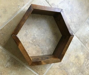 Vintage Farmhouse Hand Crafted Wooden Shelf Hexagon, Walnut Stain, Open Back - Picture 1 of 10