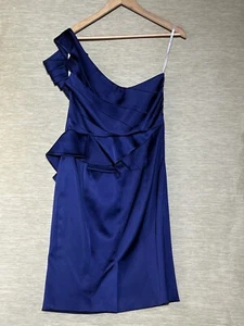 Karen Millen Dress Size 10 Blue Satin One Shoulder Straight Pencil Occasion - Picture 1 of 10