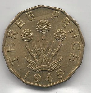 GREAT BRITAIN, 1945, 3 PENCE, NICKEL-BRASS, KM#849, UNCIRCULATED - Picture 1 of 2