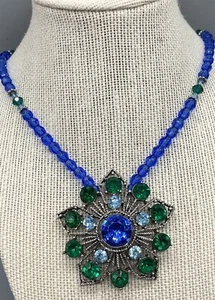 Vintage Signed WEISS Blue & Green Rhinestone Silver Tone Choker Necklace - Picture 1 of 17