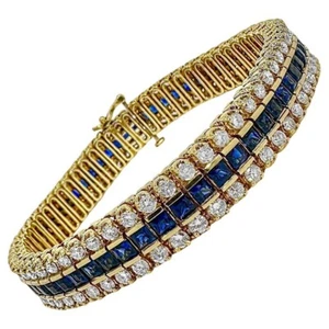 3 Row Gold Tennis Bracelet With 2 Diamond Rows Surrounding 1 Row of Sapphires - Picture 1 of 11