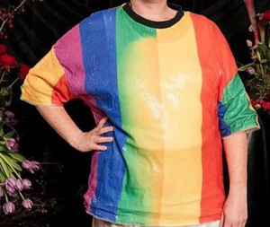 ๐ Unisex Rainbow Striped Sequin Loose Fit Relaxed Festival T-shirt Size XL - Picture 1 of 1