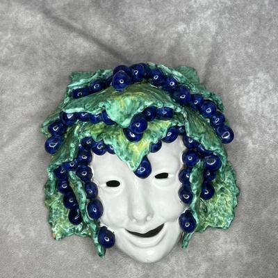 Máscara de mayólica italiana Baco de colección arte de pared uva pintada a mano firmada Montelupo Foto 1 de 4