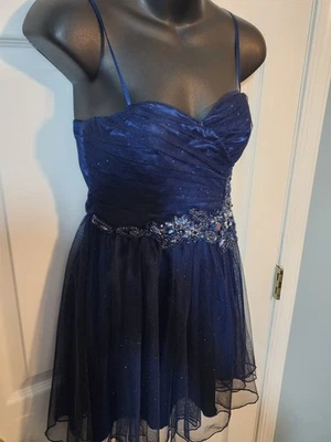 Vintage Y2K Deb Women's Size US 3  Navy Blue Tulle Prom Mini Rhinestone Dress - Image 1 of 4