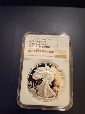 2025-W $1 United States Silver Eagle Proof Coin Army Privy 25APM NGC PF 70 UC - Image 1 of 4