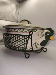 Temptations Bakeware Old World Green Pattern Hen Chicken 2.5 Qt. Casserole - Picture 1 of 14
