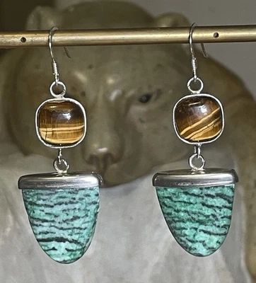 Pendientes colgantes de plata de ley ojo de tigre y crisocola Foto 1 de 4