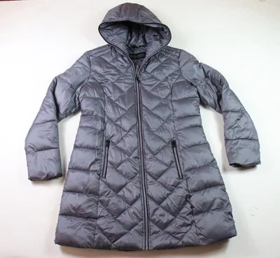 Guess Puffer Jacket Womens Large Long Full Zip Hooded Sateen Gray Quilted - Image 1 of 4