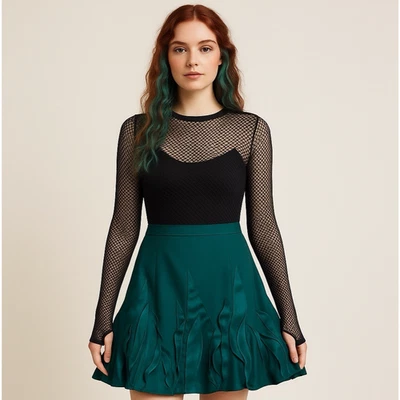 Minifalda Rickie Freeman Teri Jon 14 verde azulado caprichoso satinado con volantes Mermaidcore Foto 1 de 4