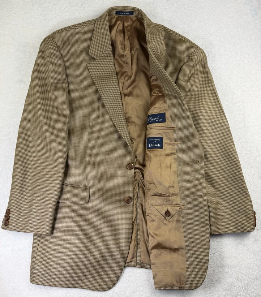 Blazer esportivo Ralph Ralph Lauren masculino 42R lã de seda Houndstooth casaco marrom xadrez - Imagem 1 de 4