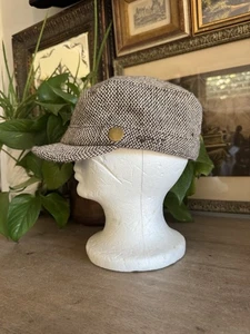 Split Y2K Tweed Zeitungsjunge Fischgrät Kappe Hut braun creme Messingknöpfe kurze Krempe - Bild 1 von 11