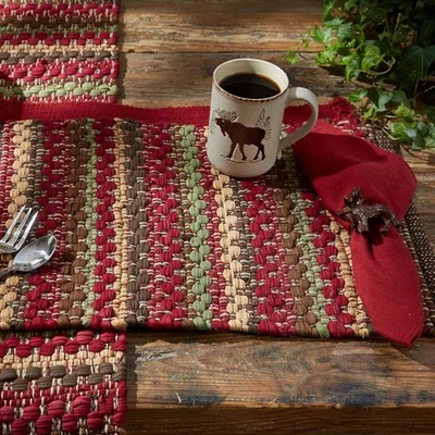 2 High Rock Deep Red Rustic Stripe Country Cabin Chindi Cotton Placemats 13x19 - Image 1 of 2