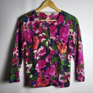 GARNET HILL Pullover Damen M Merinowolle Strickjacke lila dunkel Blumen Knopf - Bild 1 von 6