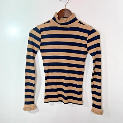 J.Crew Mujer Acanalado Rayas Cuello Alto Talla XXS Negro Marrón Preppy Francés Chic Foto 1 de 4