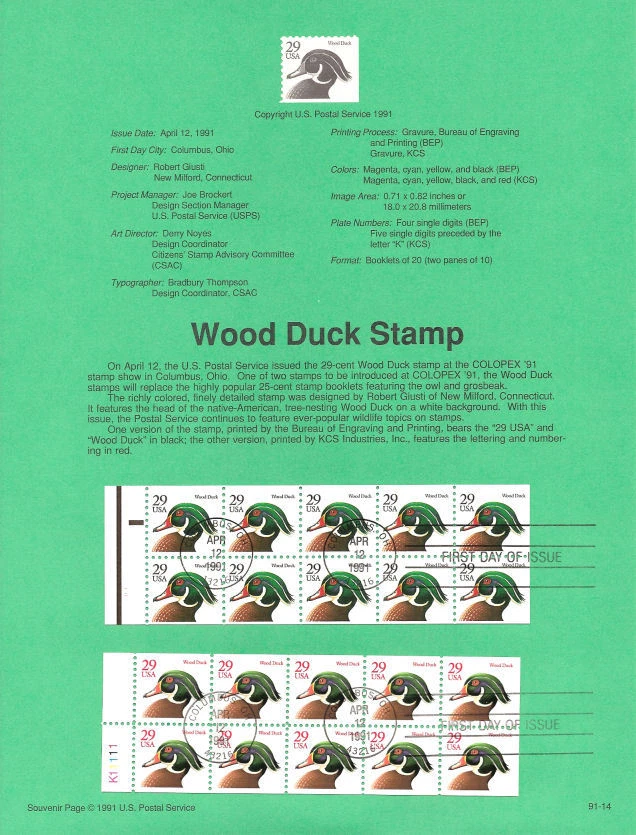 #9114 29c Duck Booklet Stamp #2484a/2485a USPS Souvenir Page - Image 1 of 1