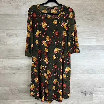 Lucky Brand L&B Dress Womens Large Green Rose Floral Long Sleeve Fit Flare ALine - Image 1 of 4