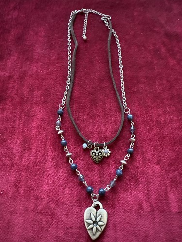 VETEMENTS Collana cuore catena e pelle tono argento 2 strati lunga 18