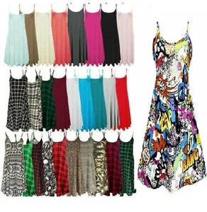 Womens Plain Cami Swing Dress Ladies Sleeveless Strappy Long Flared Vest Tops - Picture 1 of 47