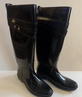 Mujeres Diseñador Coach Talia Botas de Lluvia Altas Impermeables Cuero Goma Lujo 8 Foto 1 de 4