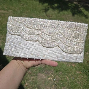 Hand Beaded Clutch Purse Elegant Local Artist Made VTG Cream Ivory White Floral - Picture 1 of 5