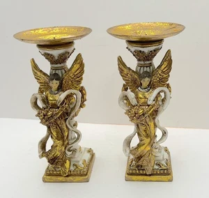 Angel Candle Holders Gold Finish-Resin Christmas Holiday Guilded Beautiful Wings - Picture 1 of 8