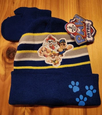 Nickelodeon Paw Patrol Blue Striped Beanie Pom Pom Hat & Mittens Set- NEW - Image 1 of 4