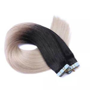 Tape In On - 1B/GREY OMBRE Hair Extensions 100% Remy Echthaar Haarverlängerung - Bild 1 von 8