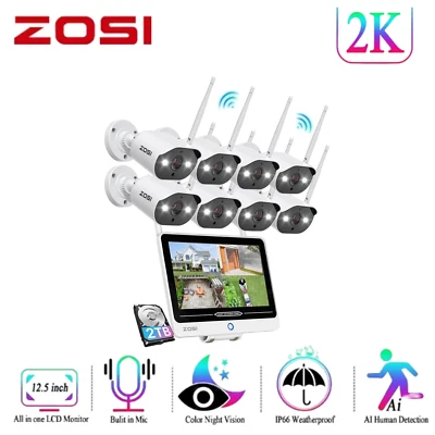 ZOSI 8CH 3MP Home Wireless Security Camera System 12.5" LCD Monitor 2K WiFi NVR