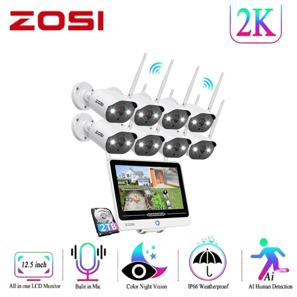 ZOSI 8CH 3MP Home Wireless Security Camera System 12.5" LCD Monitor 2K WiFi NVR