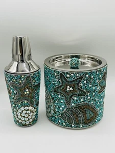 Pier 1 Imports Beaded Ice Bucket & Cocktail Shaker Beach Sea Shells Theme - Picture 1 of 14