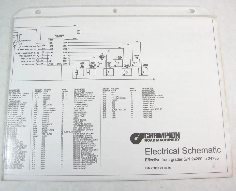 CHAMPION Motor Grader Electrical Schematic Diagram Foldout S/N 24260 to 24735 - Image 1 of 1