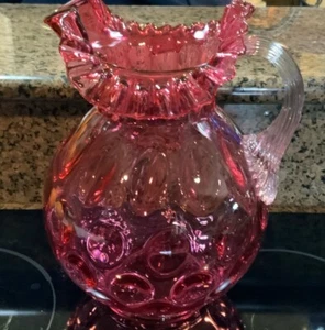 Fenton Cranberry Pitcher Coin Spot Crimped Top Applied Handle 9 1/4 Tall - Picture 1 of 7