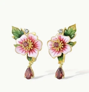 Anthropologie Flower Earrings Stud Crystal CZ Gold Enamel Drop Pink Dangle CZ - Picture 1 of 7