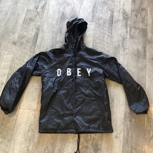 Obey Logo Windbreaker Rain Jacket Men’s Size Medium Black - Picture 1 of 7