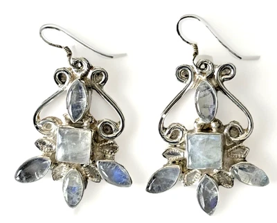 Pendientes Azul Flash Piedra Lunar Colgante Gancho Vintage Grueso Plata de Ley 925 Foto 1 de 4