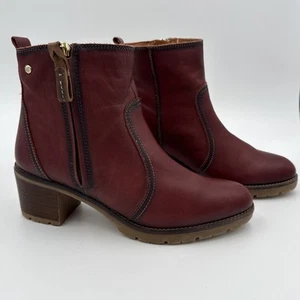 PIKOLINOS Burgundy Leather Zip Block Heel Ankle Booties Size EU 39 - Picture 1 of 12