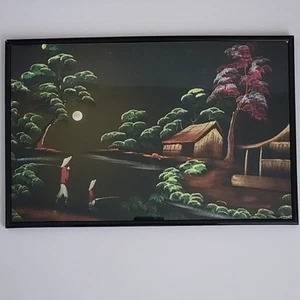 Painting On Velvet Asian Oriental Village Handmade Original Framed 18" x 14" - Picture 1 of 12
