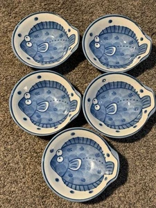 (5) Blue White Japanese Style Porcelain Rice Bowl? 5” Inch Diameter with Handle - Picture 1 of 4