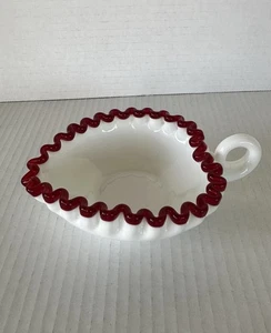 Fenton Ruby Crest Milk Glass Handled Bonbon Dish – Ruby Edge Ruffled Vintage - Picture 1 of 15