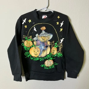 Vintage Jerzees Size 6-7 Halloween Sweater Bear Puff Paint Pumpkin Autumn Fall - Picture 1 of 6