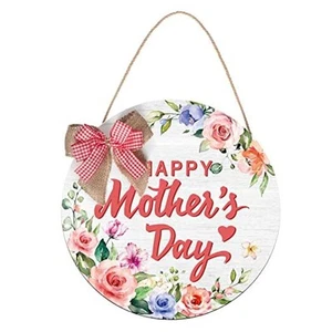 Geetery Happy Mother's Day Welcome Sign Wreath 12 Inch Round Wooden Hanging - Picture 1 of 8