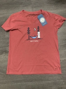 Neu mit Etikett Life is Good Damen-T-Shirt Keep It Simple Hammock Crusher V-Ausschnitt Large - Bild 1 von 7